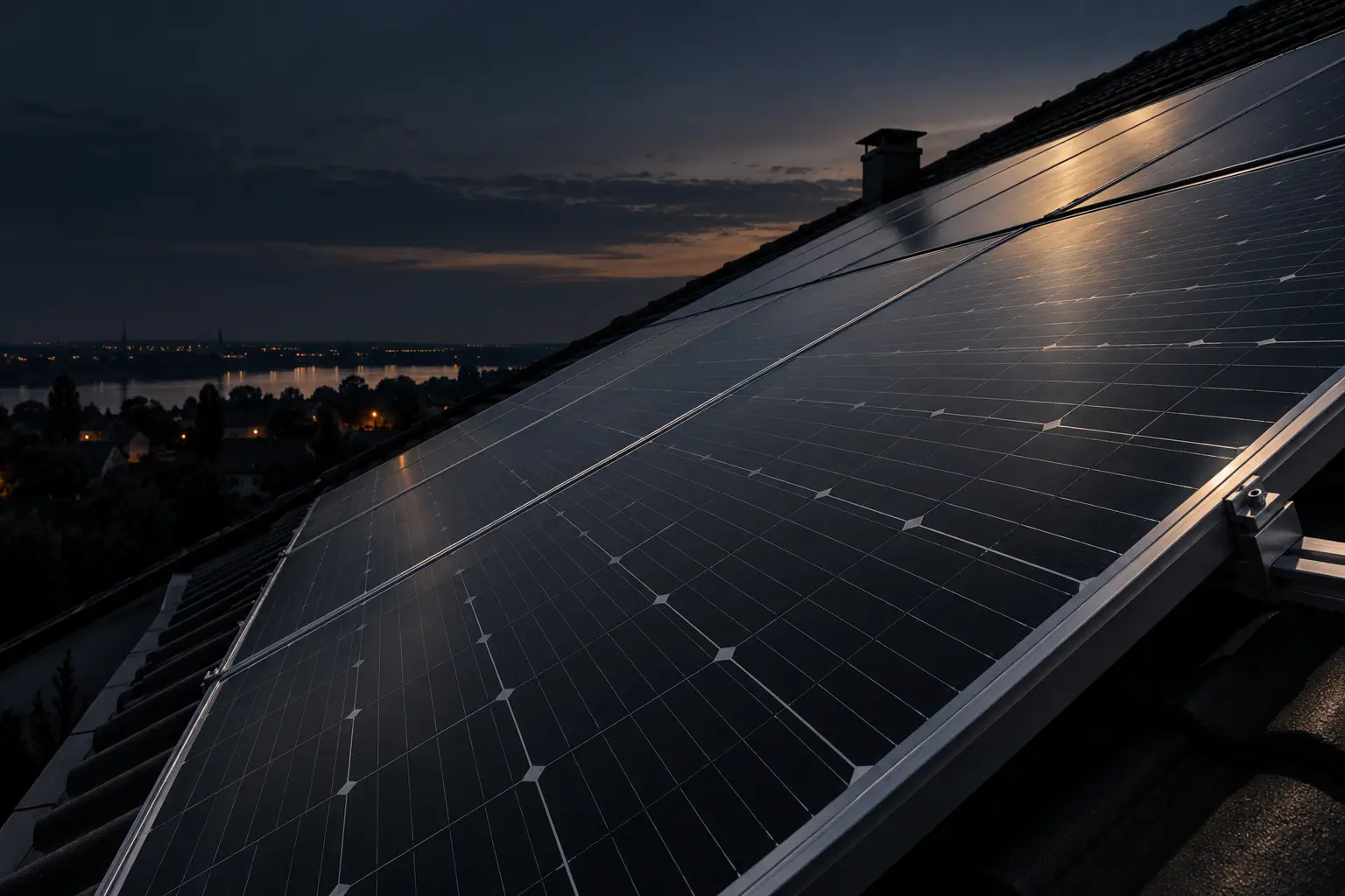 Rows of black solar panels on a pitched roof at dusk above a town on the Danube