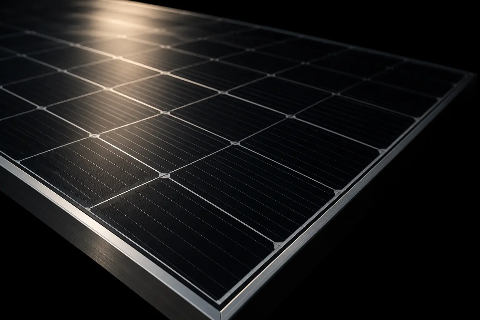 Close view of the cells and aluminium frame of a single black solar panel