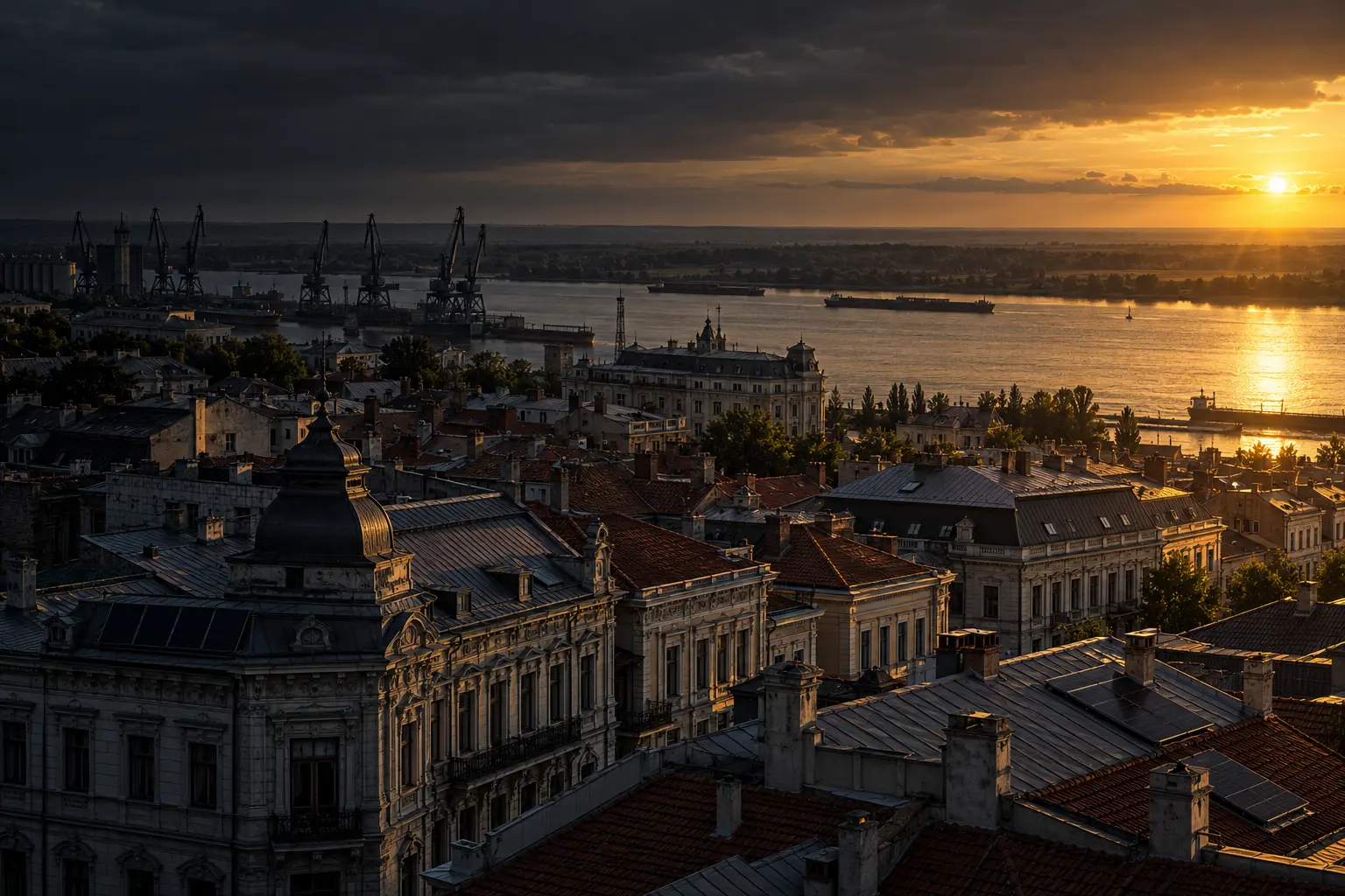 Old town rooftops of Ruse and the Danube at sunset